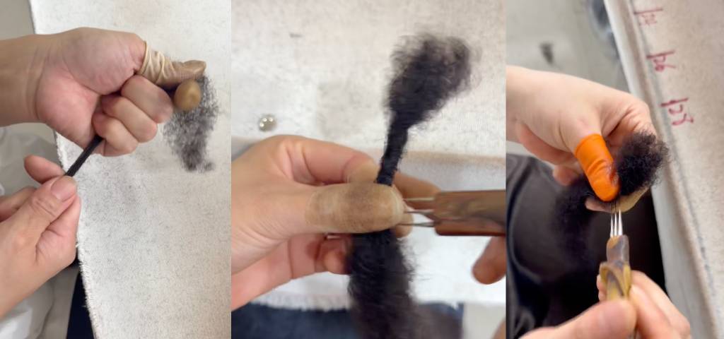 Artisans hand-processing human hair in the workshop